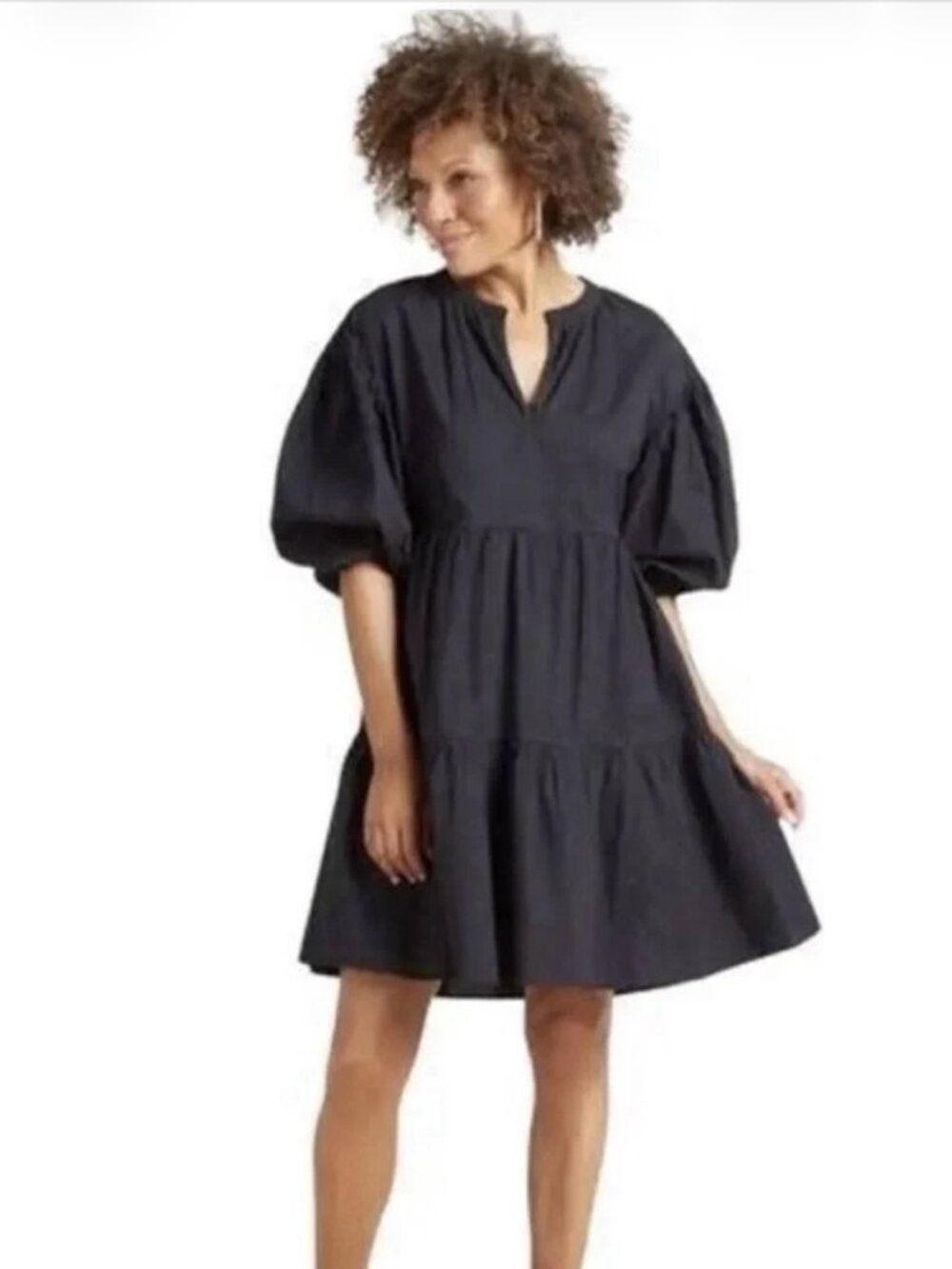 Sundry Black Puff Sleeve Tiered Mini Dress